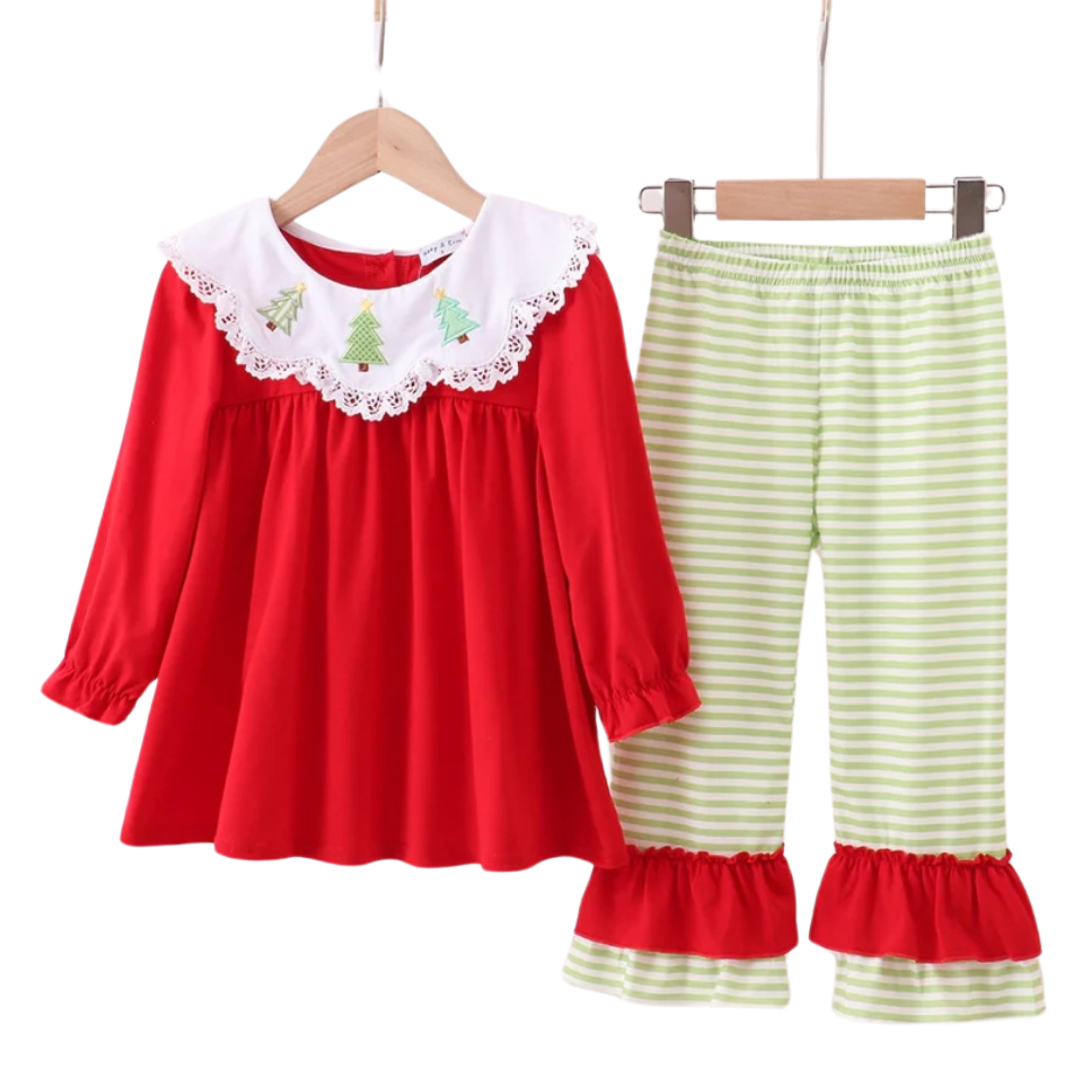Red top with white lace collar and green striped pants on hangers against a white background