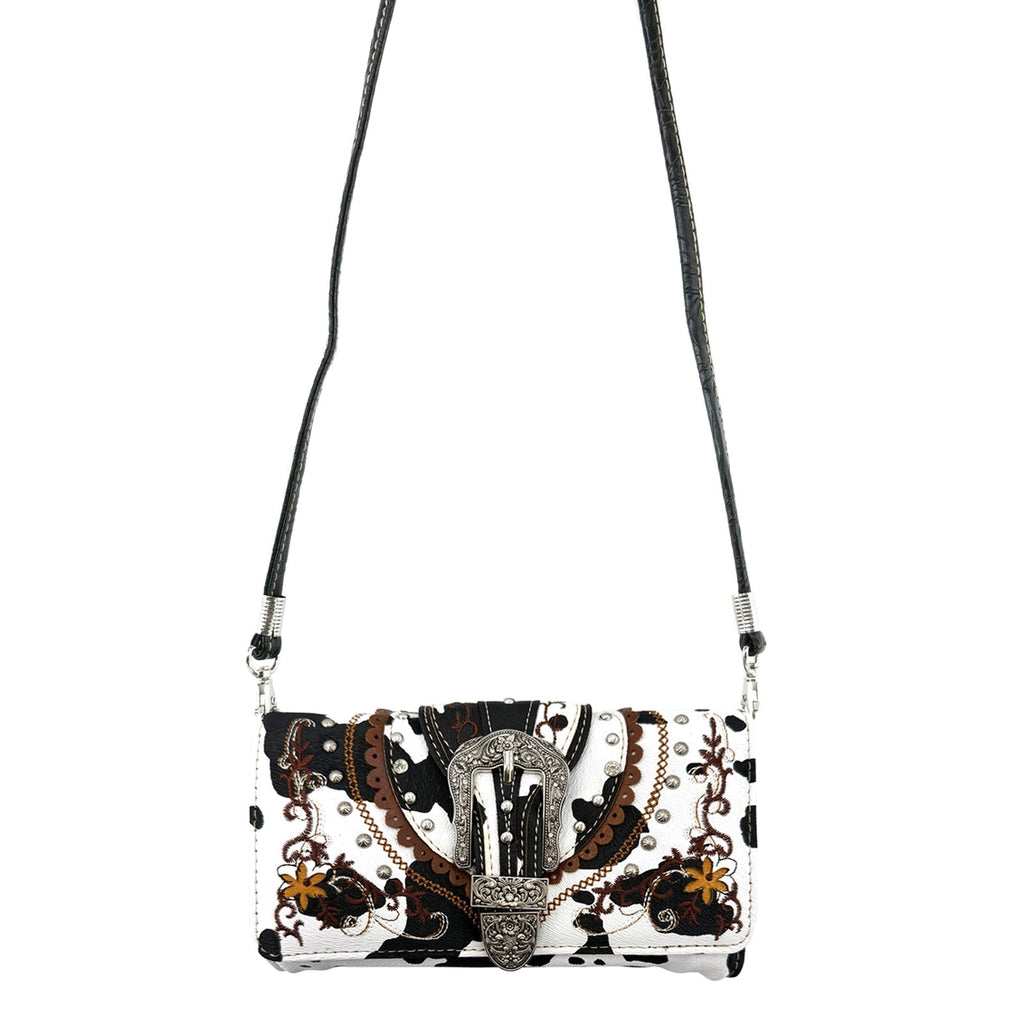 Decorative crossbody wallet with intricate patterns on a white background