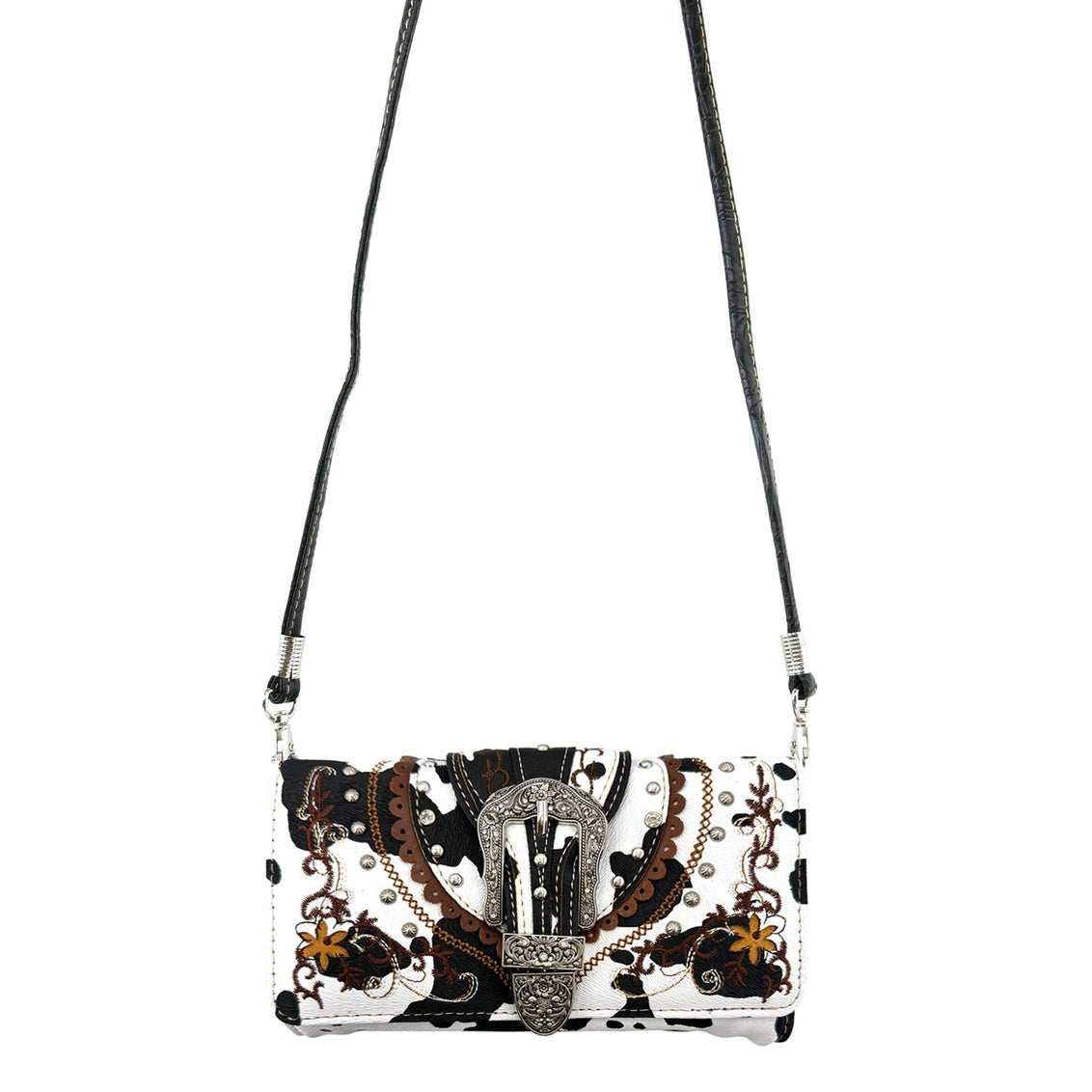 Decorative crossbody wallet with intricate patterns on a white background