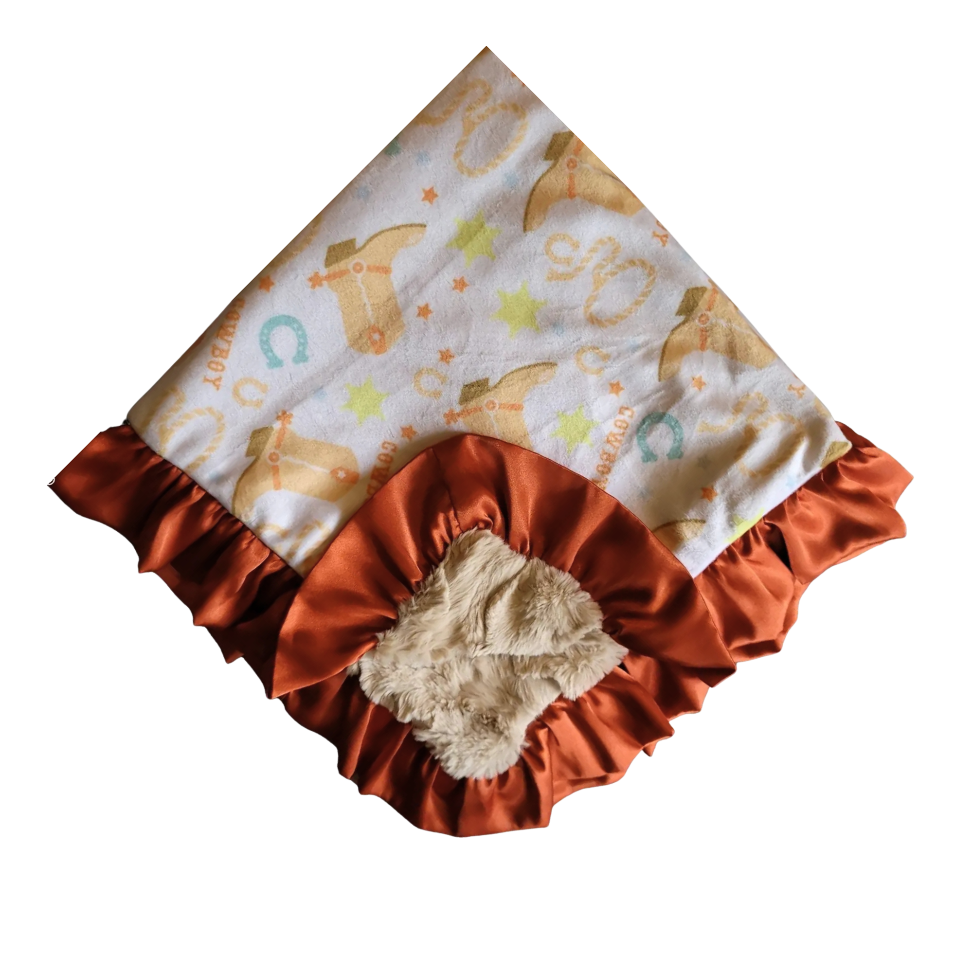 Baby blanket with cowboy boot print and ruffled edge on a white background