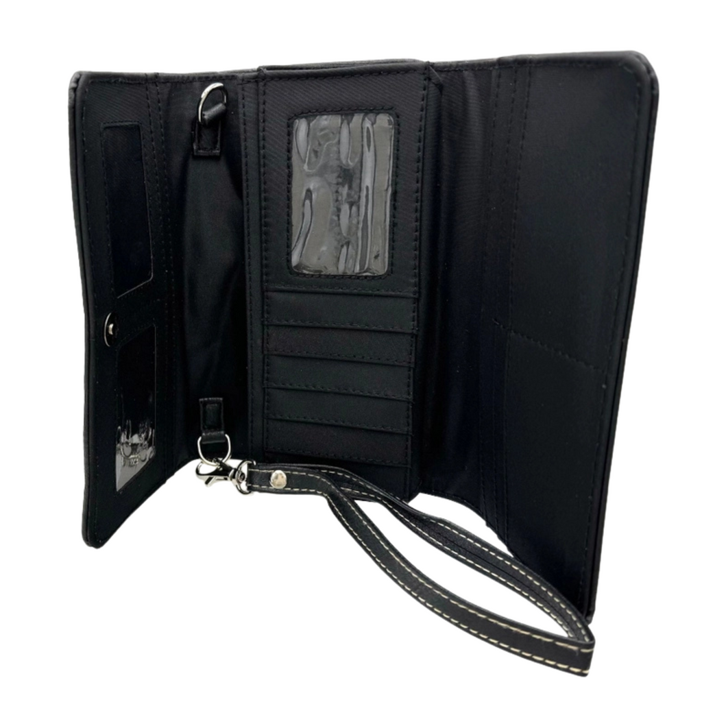 Black crossbody wallet with card slots and a strap on a white background