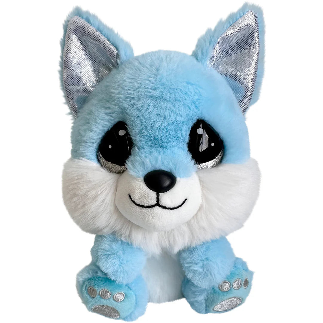Blue plush toy with black eyes and white accents on a white background