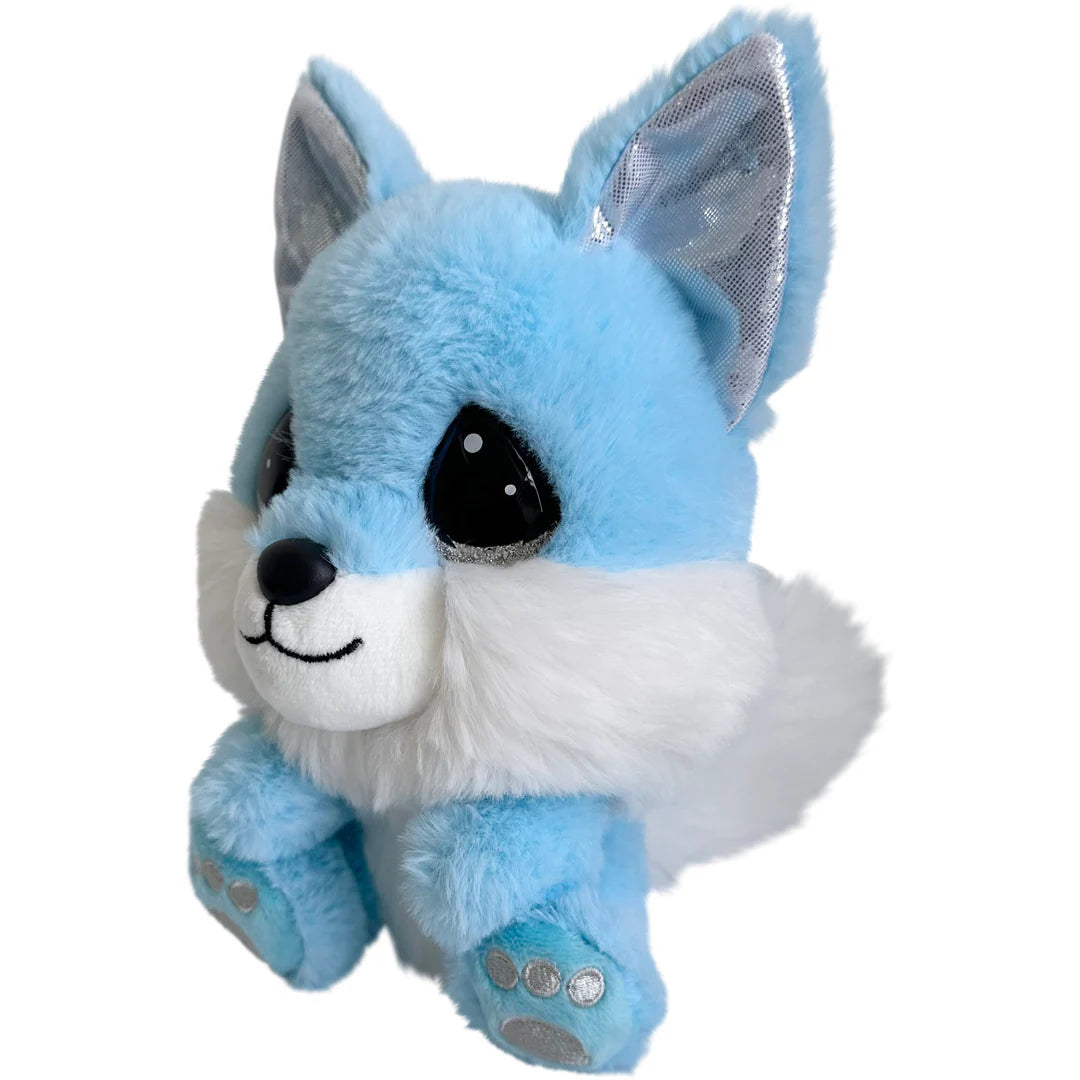 Blue plush toy with white accents on a white background