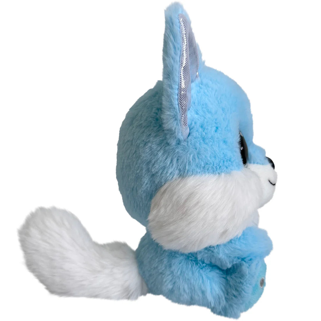 Blue plush toy with white accents on a white background