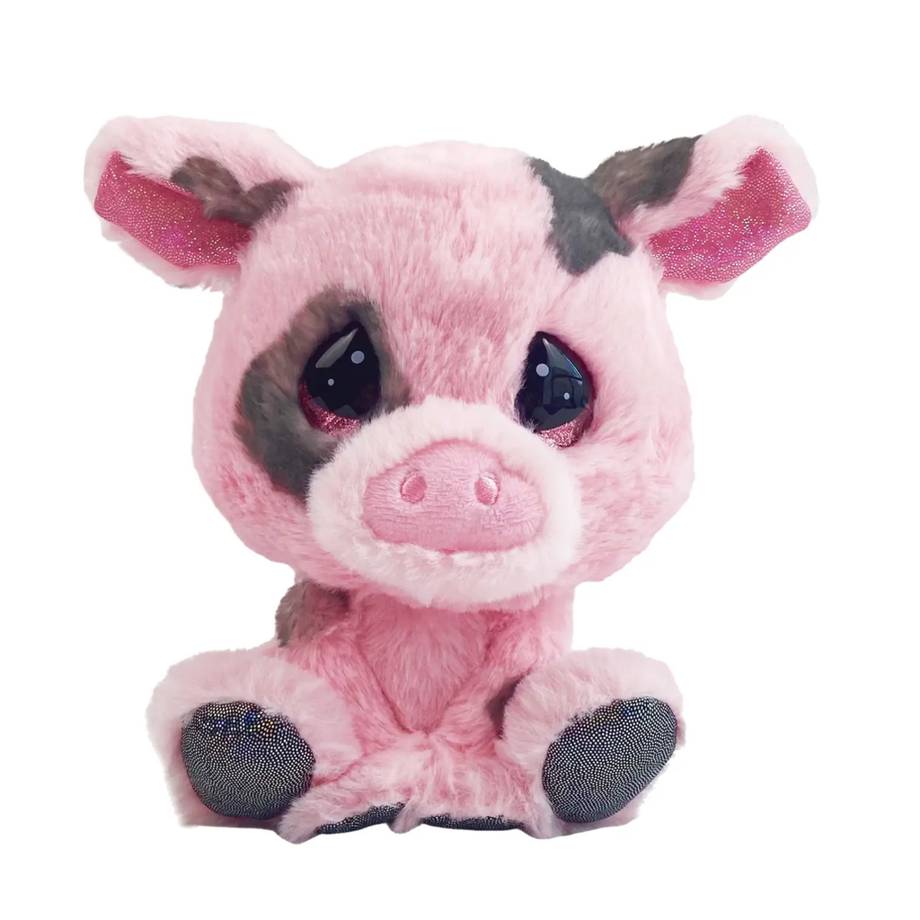 Pink plush pig toy with black spots on a white background