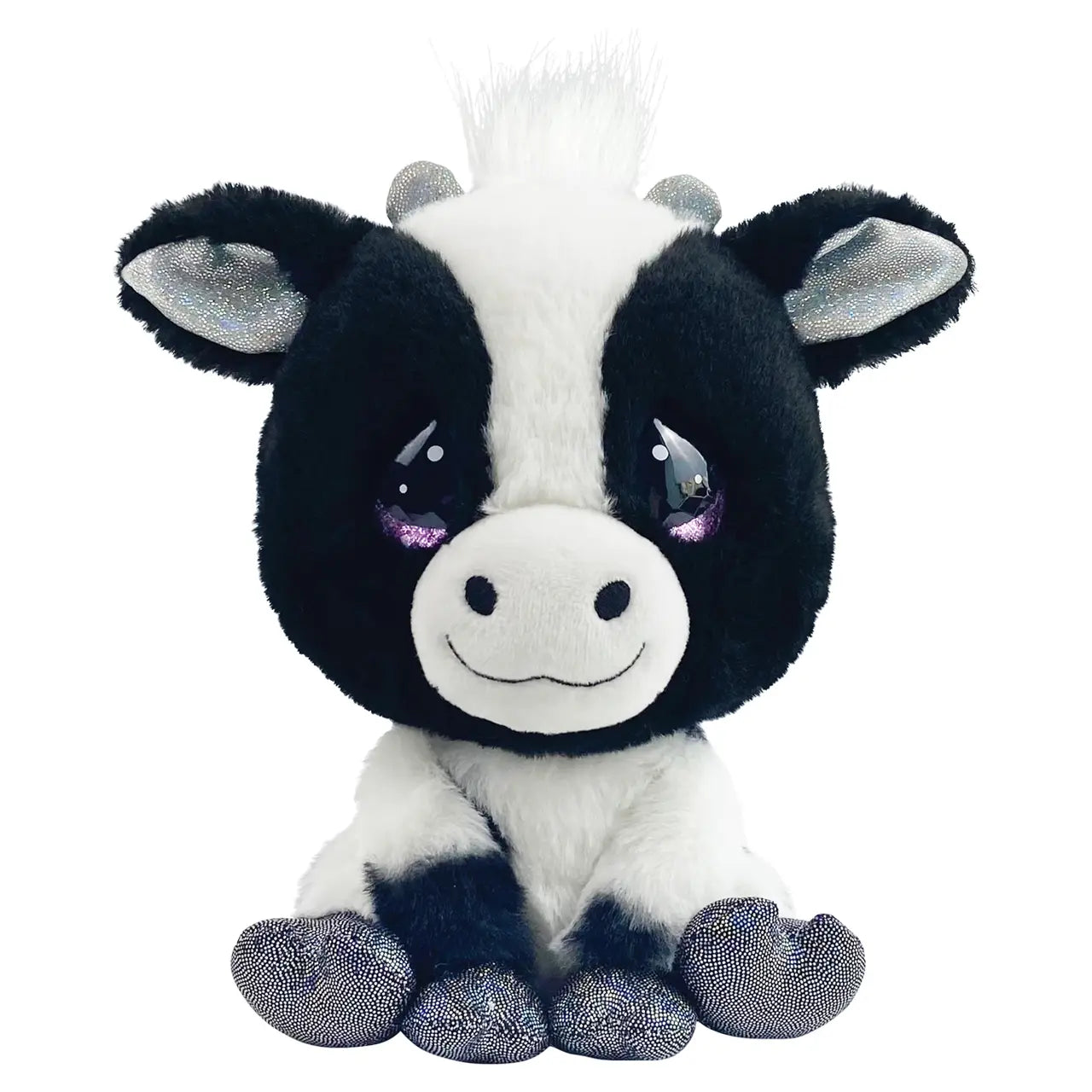 Plush toy cow with black and white pattern on a white background