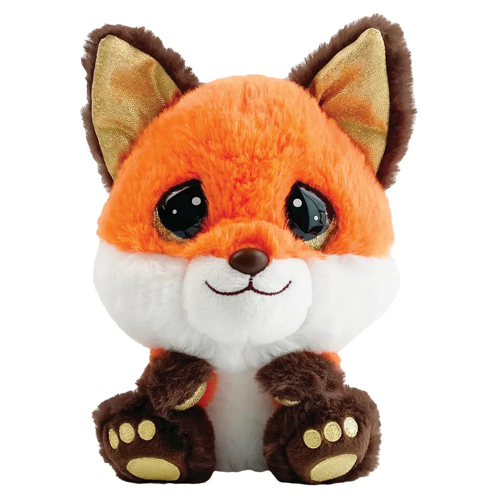Plush fox toy with orange fur, white chest, and brown paws on a white background