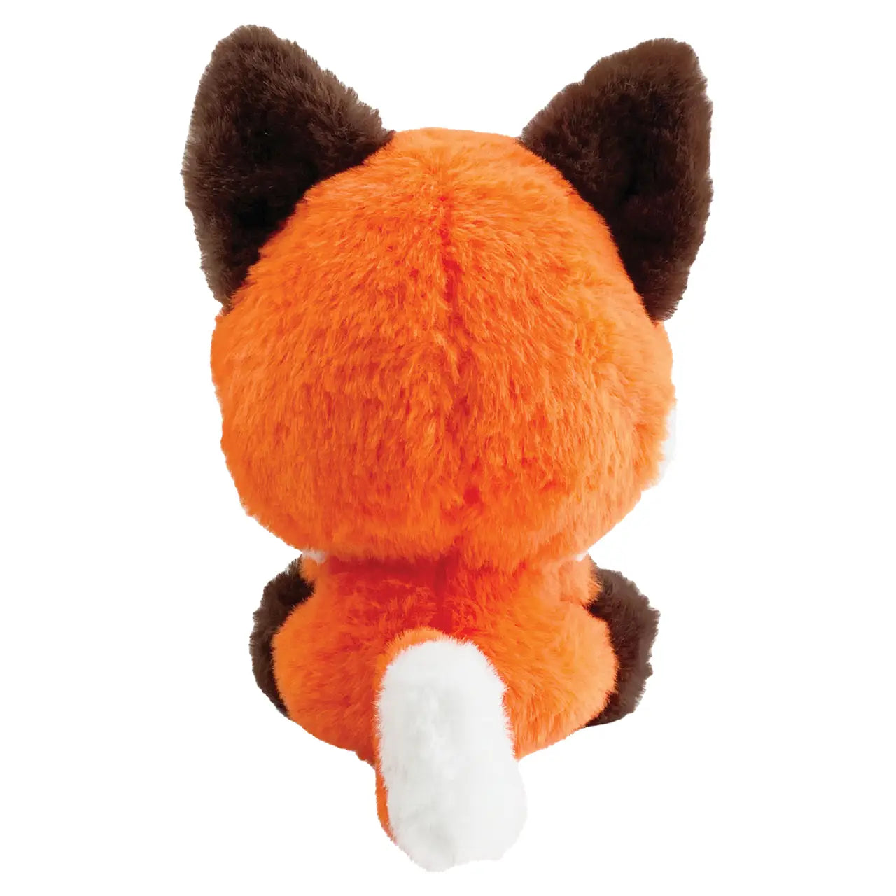 Plush toy fox with orange fur, brown ears, and white tail on a white background