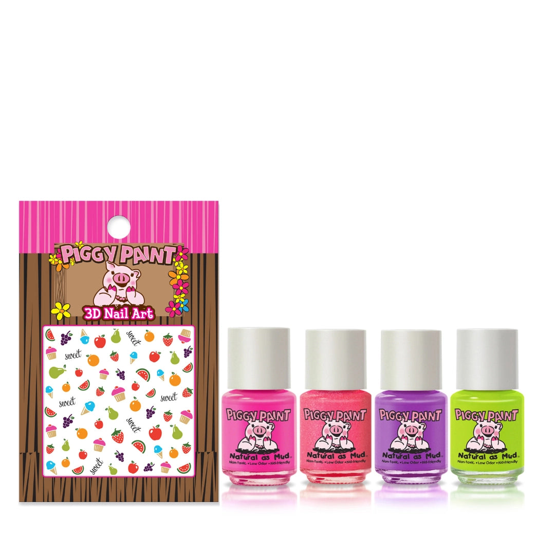 Piggy Paint 3D Nail Art set with nail polish bottles and a design sheet on a white background