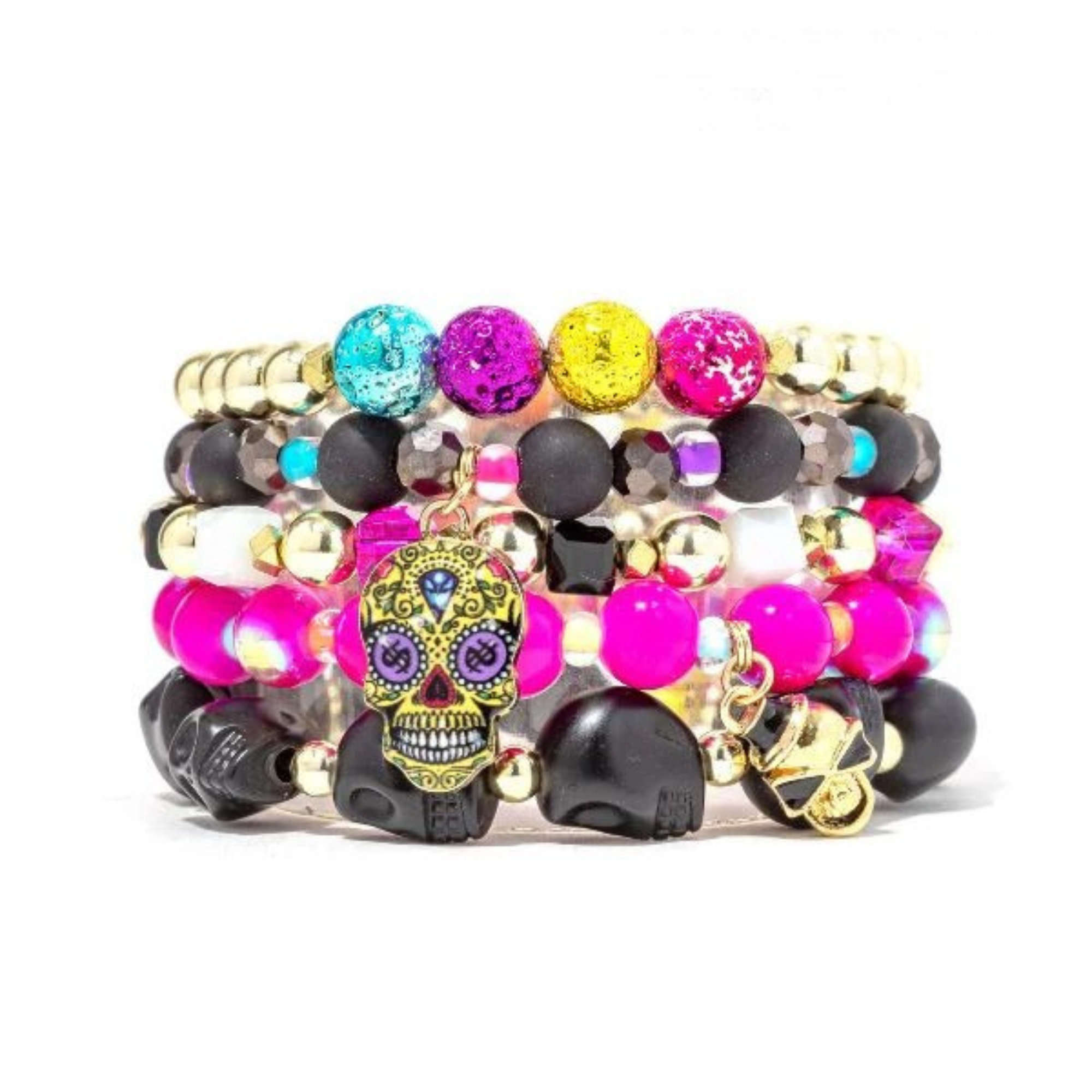 Colorful beaded bracelet with skull charm on a white background