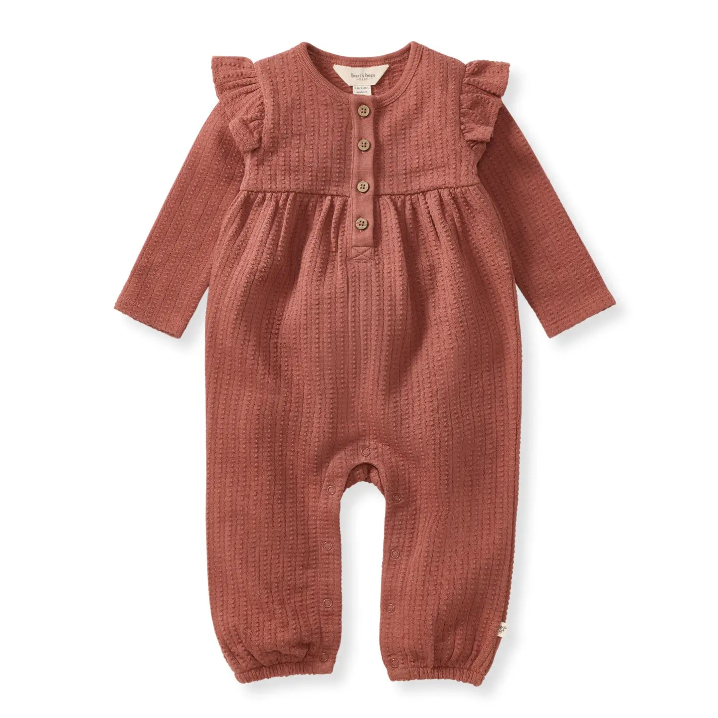 Red-brown baby romper with ruffled sleeves on a white background