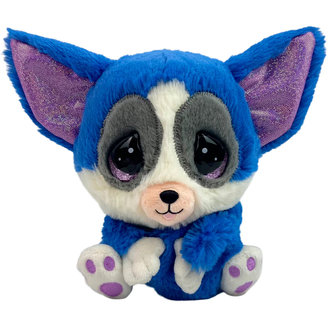 Blue and purple plush toy with large ears on a white background