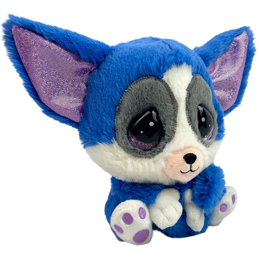 Blue plush toy with purple accents on a white background