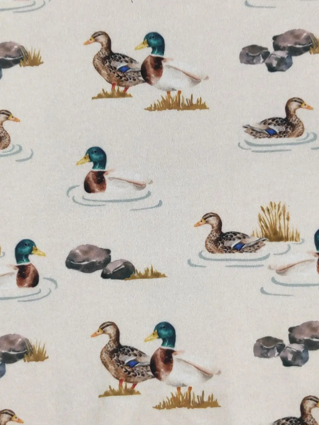Pattern of ducks and rocks on a white background