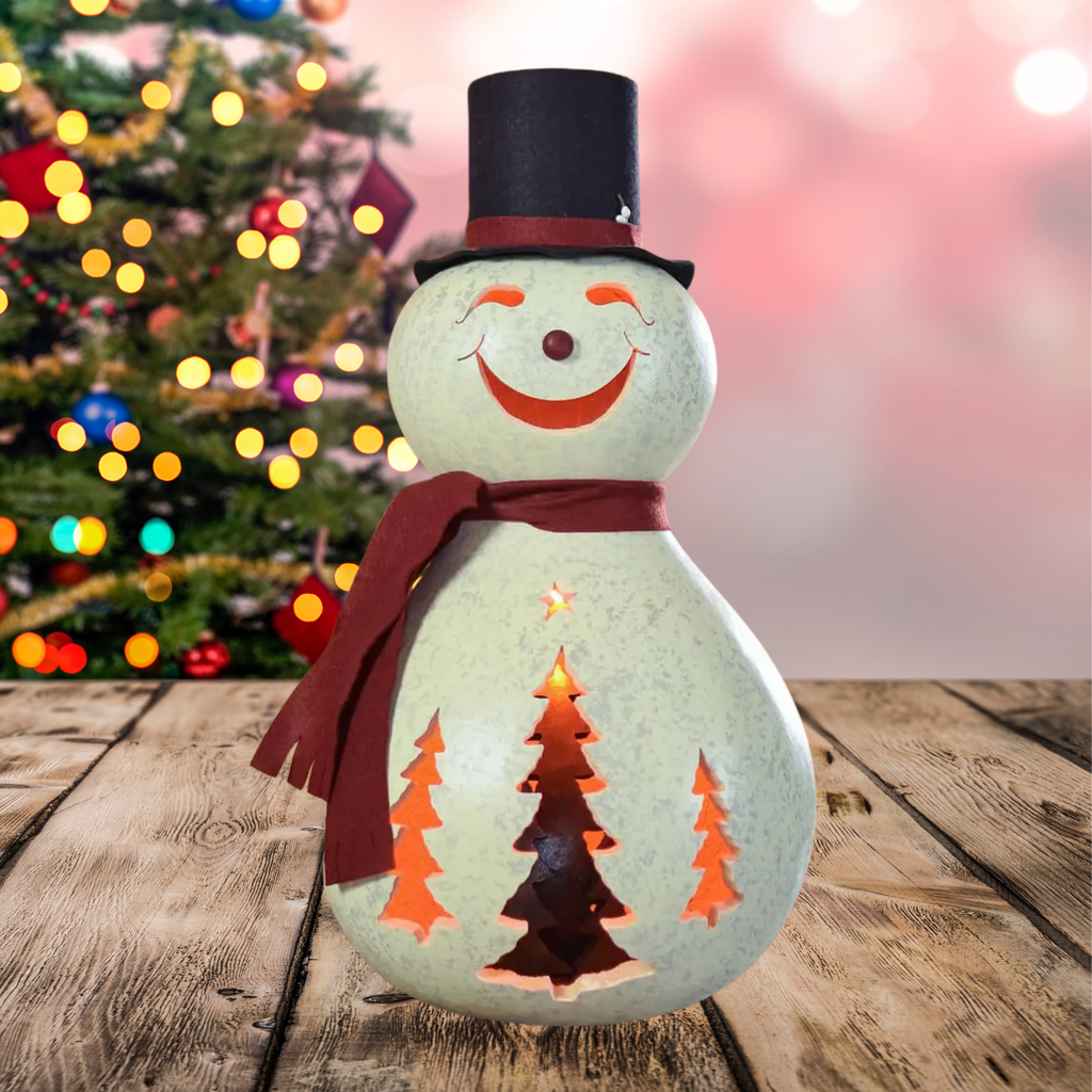 Decorative snowman with a top hat and scarf, featuring cut-out trees, against a festive background with a Christmas tree.