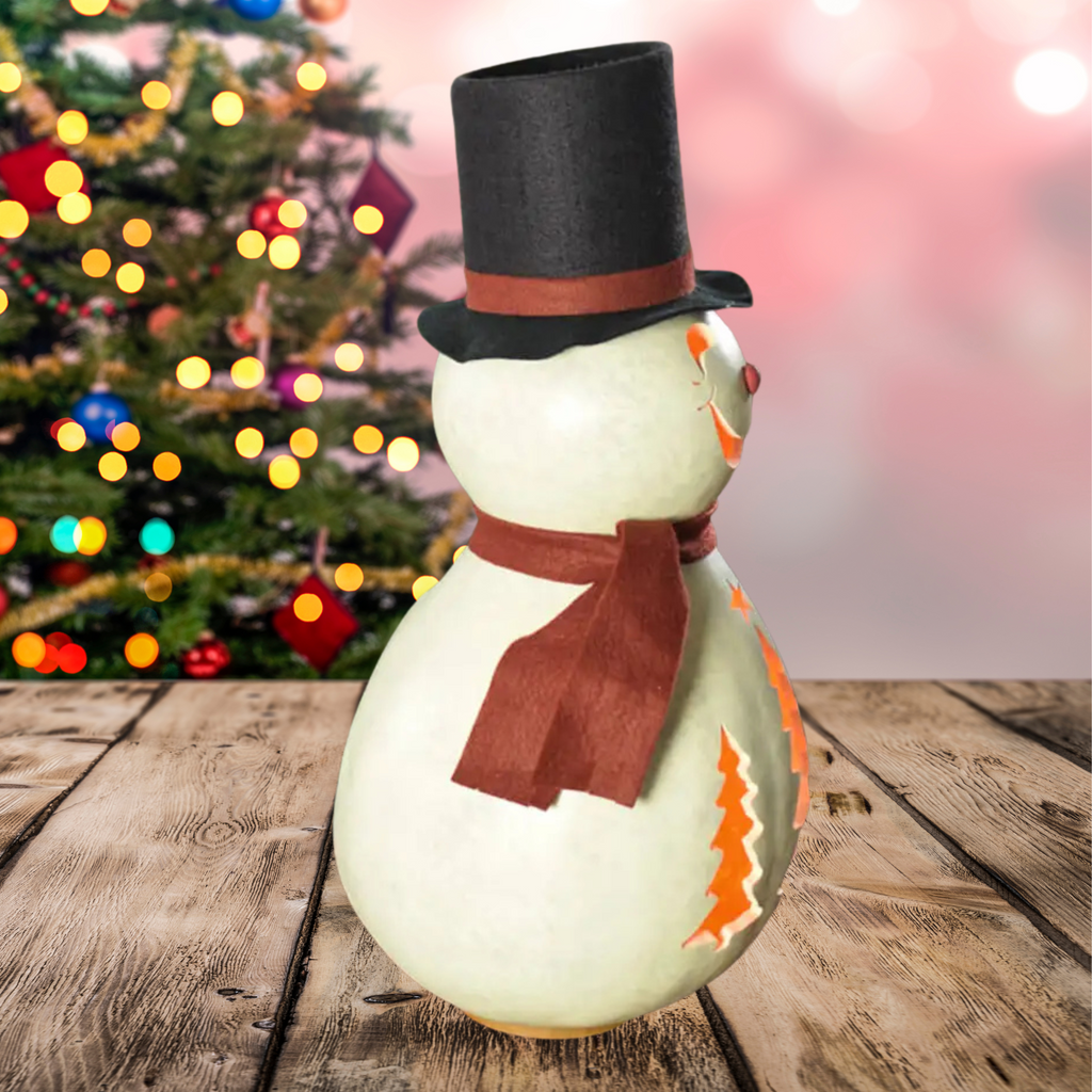 Decorative right side profile snowman with a top hat and scarf in front of a Christmas tree.