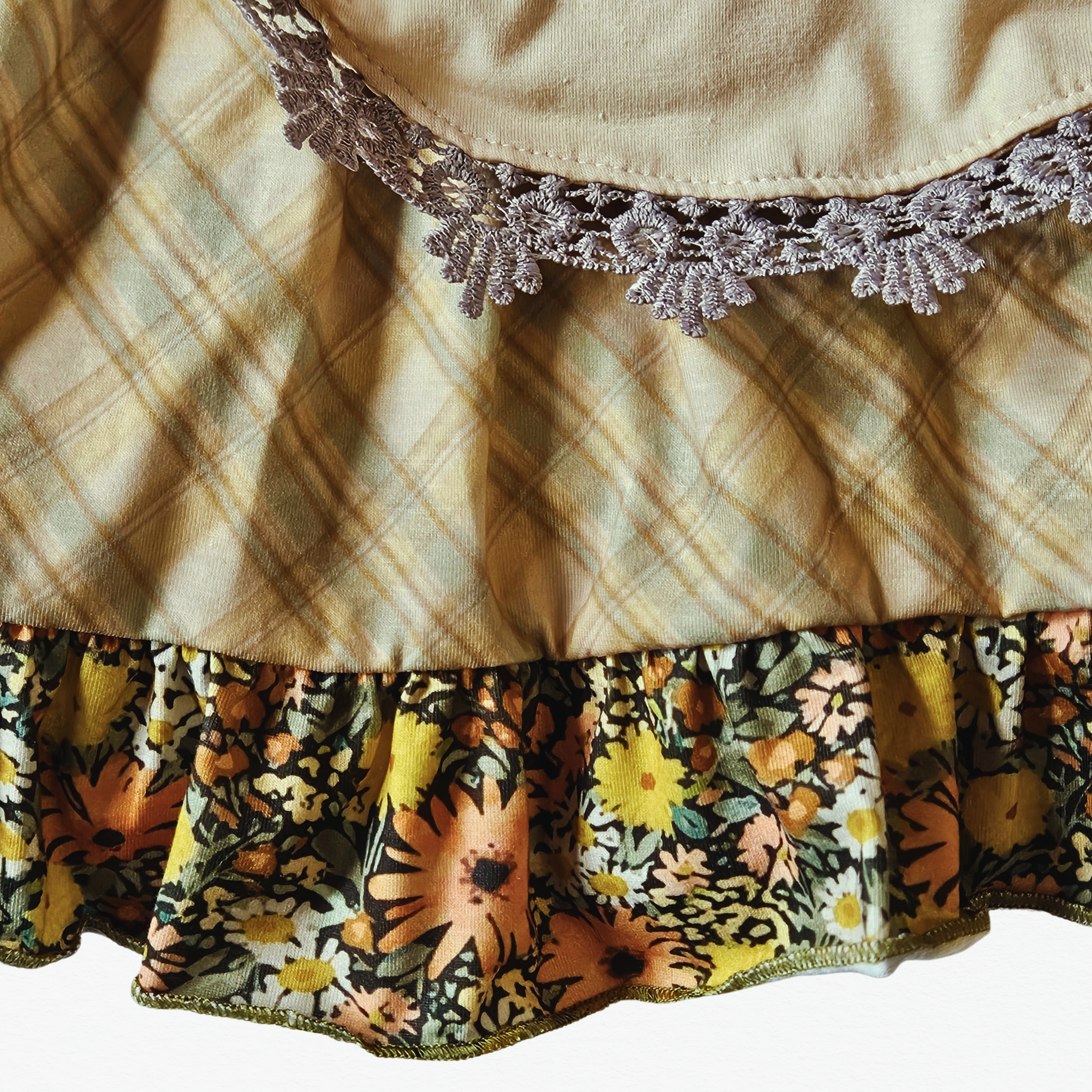 Close-up of a fabric with plaid and floral patterns on a white background