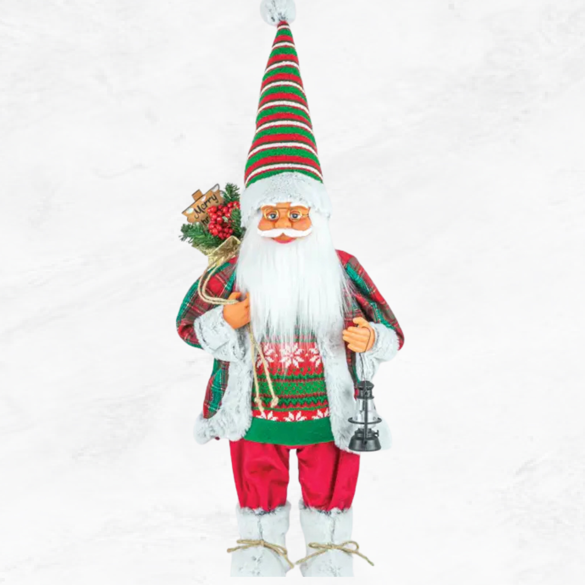 Decorative Christmas gnome with a striped hat and colorful outfit on a white background