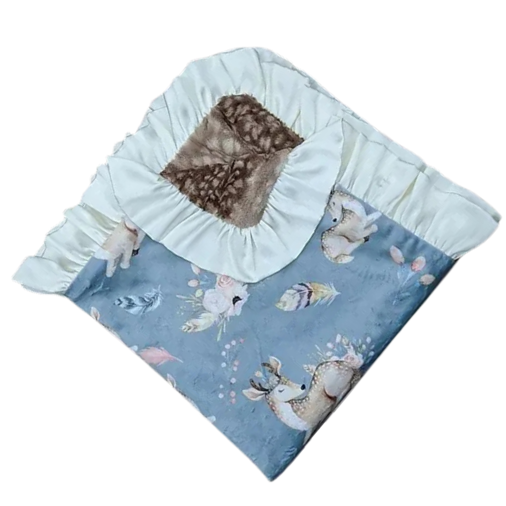 Baby blanket with deer and floral pattern on a white background