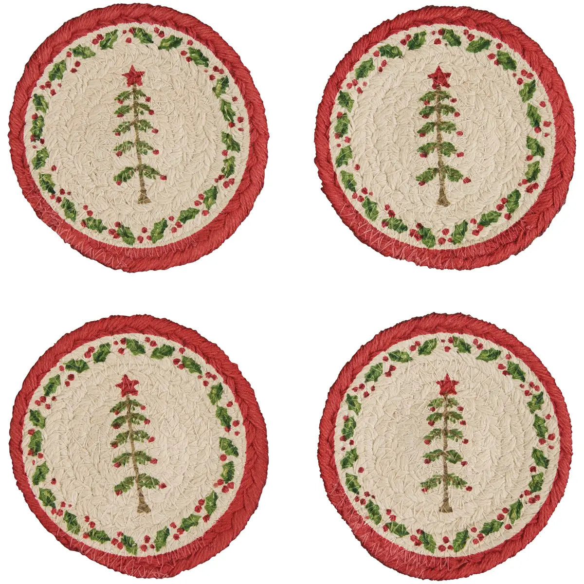 Four round placemats with Christmas tree design on a white background