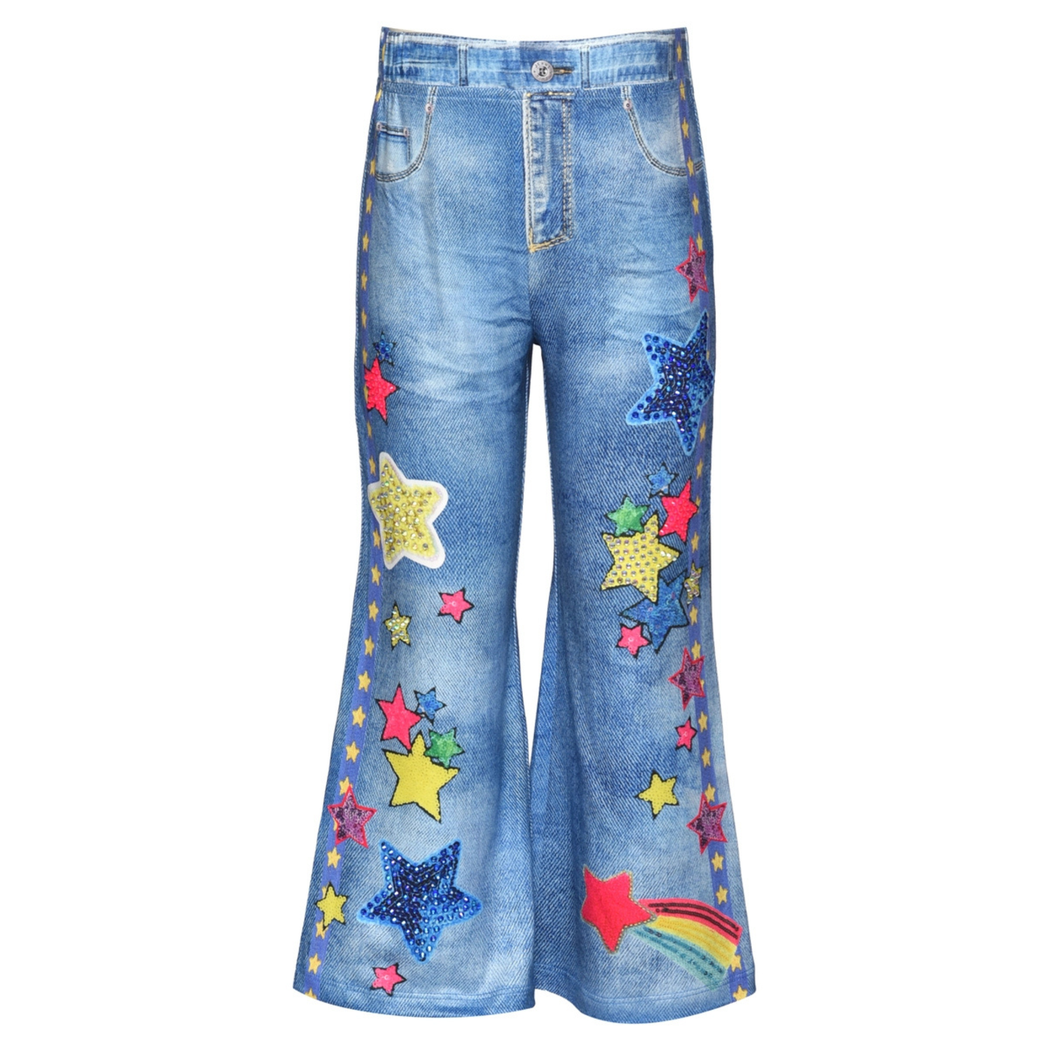 Blue jeans with colorful star patterns on a white background