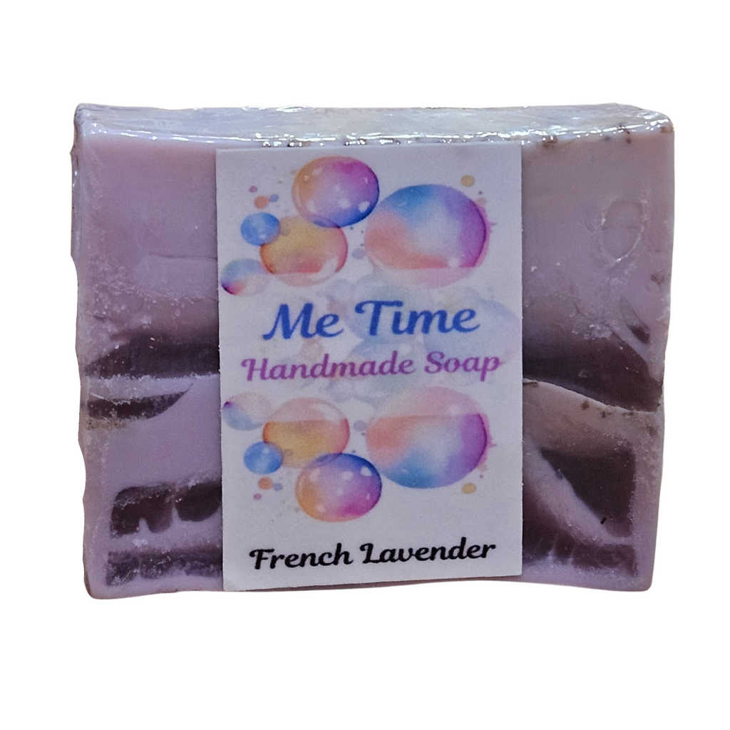 Handmade soap bar with a 'Me Time' label on a white background