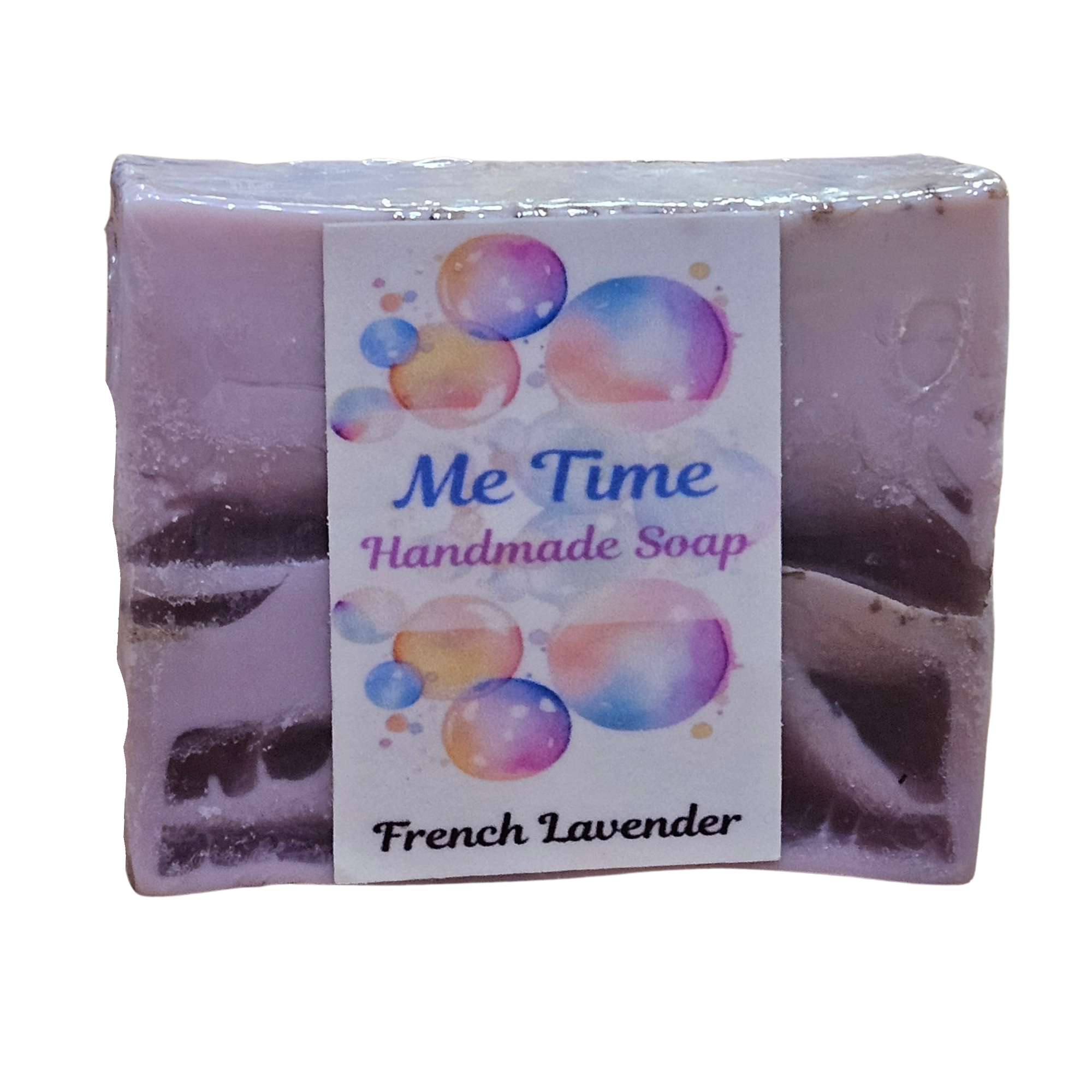 Handmade soap bar with a 'Me Time' label on a white background