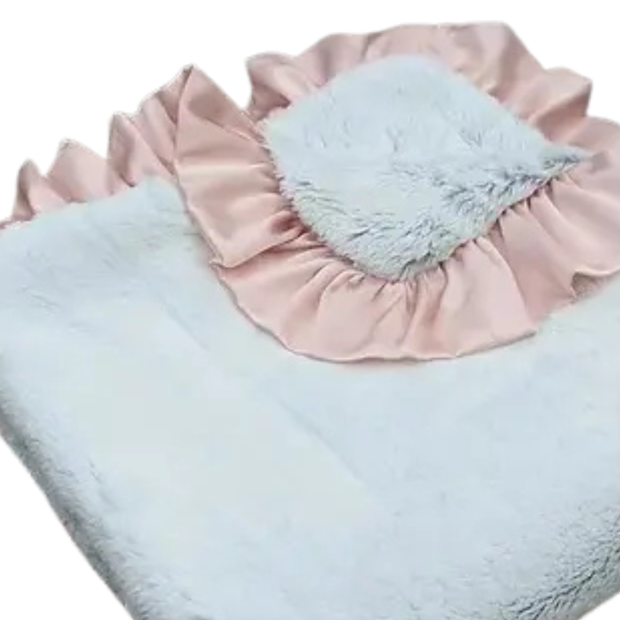 Fluffy blanket with pink ruffled edge on a white background