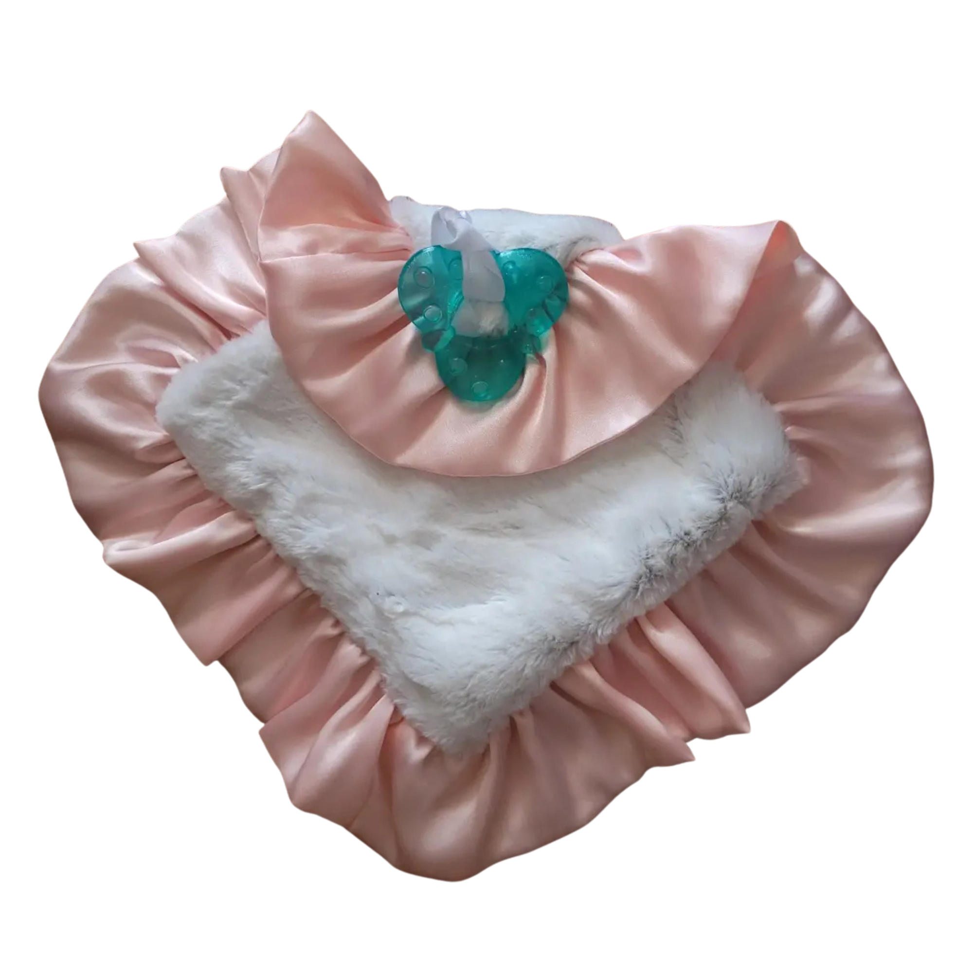 Pink pet bed with white fur lining and a green baby Teather attached on a white background