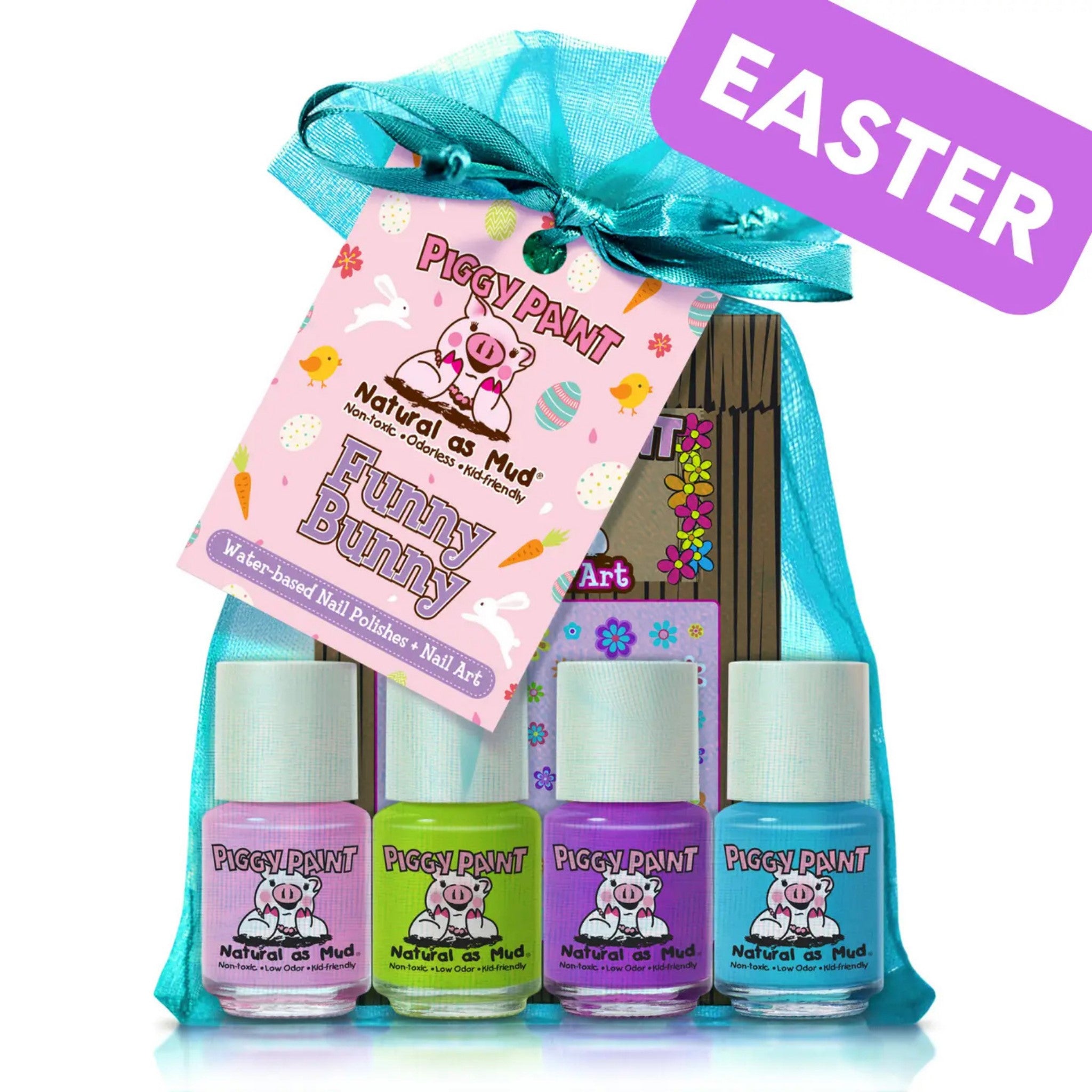 Piggy Paint nail polish set with a turquoise bow labeled 'Easter' on a white background