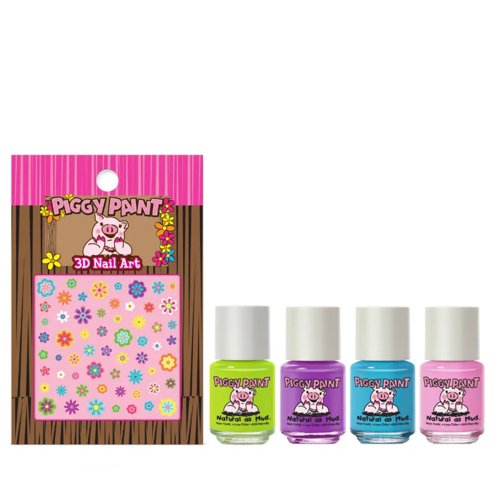 Piggy Paint 3D nail art kit with packaging and four nail polish bottles on a white background