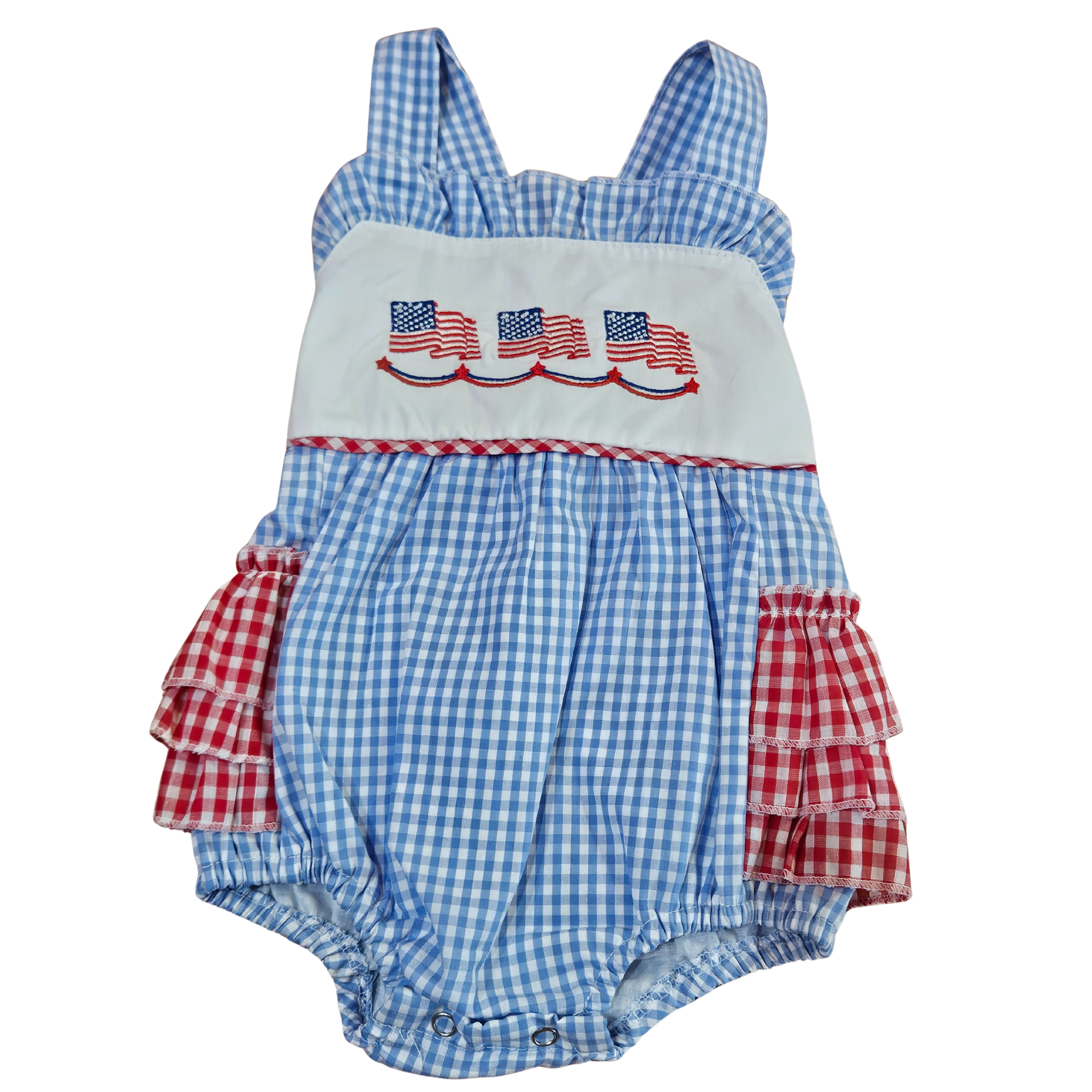 Baby romper with blue checkered pattern and red plaid accents, featuring embroidered American flags on a white background.