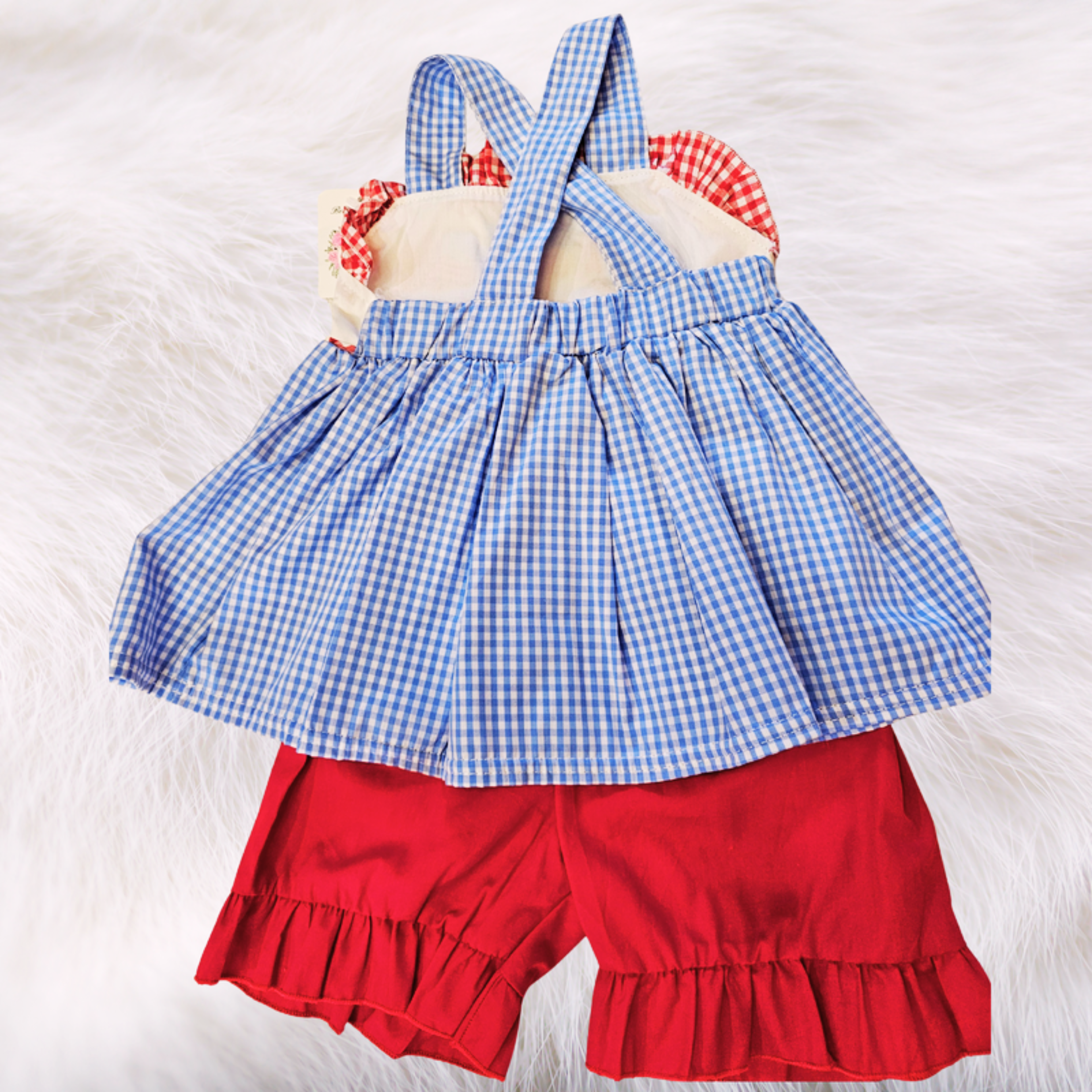 Children's blue checkered top and red shorts set on a white background