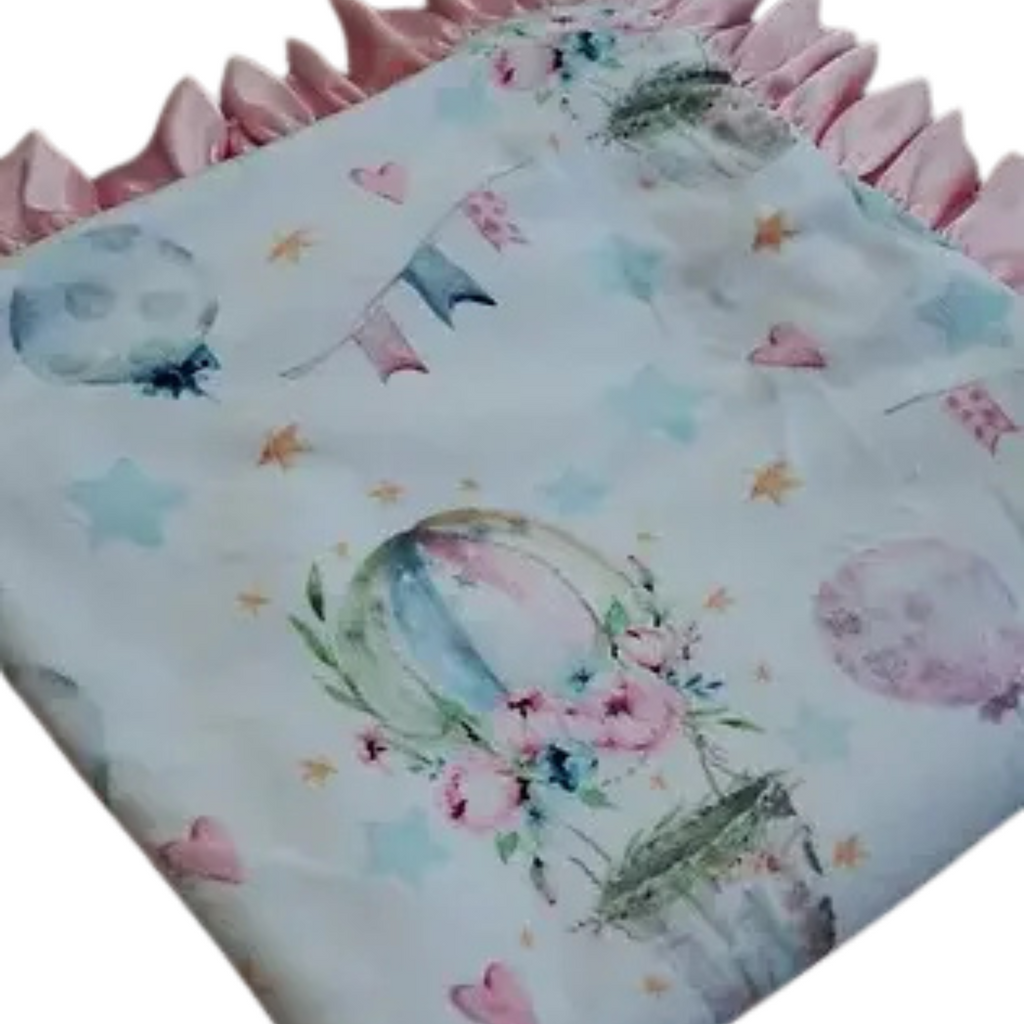 Floral and balloon patterned fabric with pink border