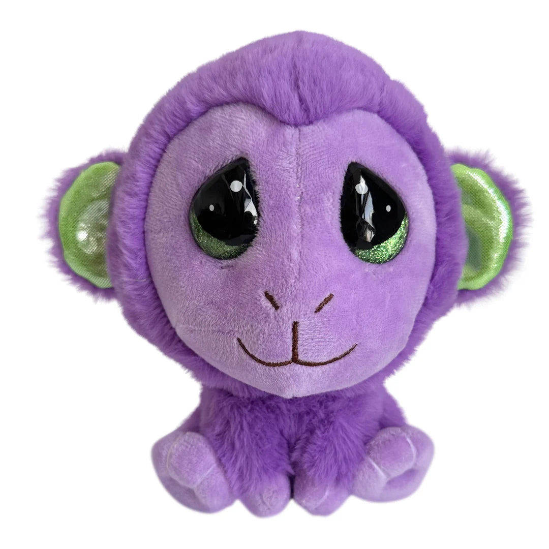 Purple plush monkey toy with green eyes on a white background