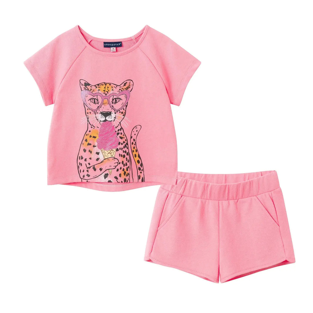 Pink t-shirt with a leopard graphic and matching shorts on a white background