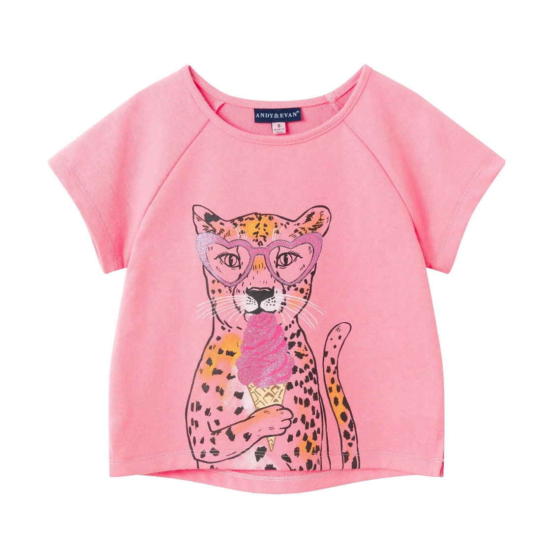 Pink t-shirt with a colorful leopard design on a white background