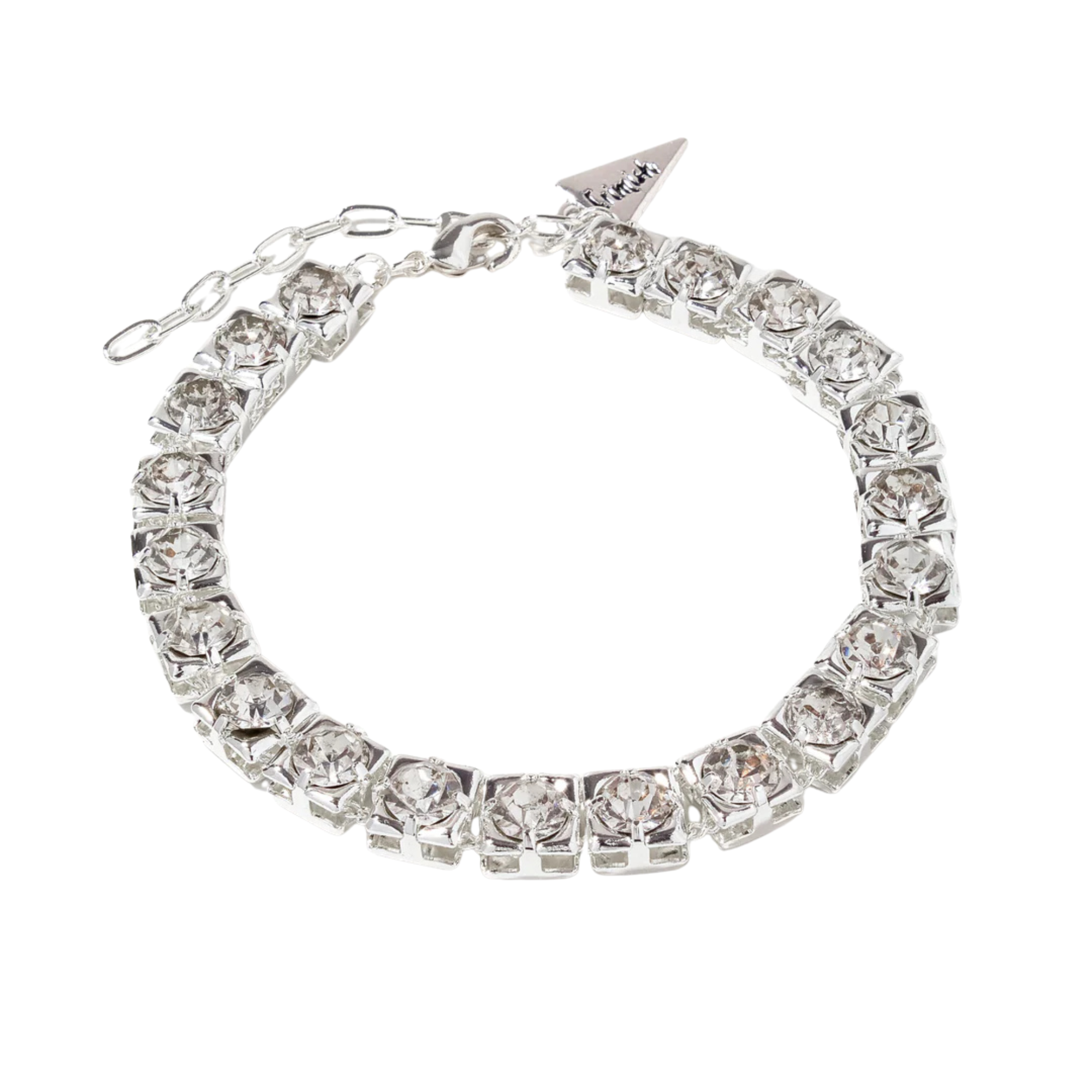 Silver bracelet with clear crystals on a white background
