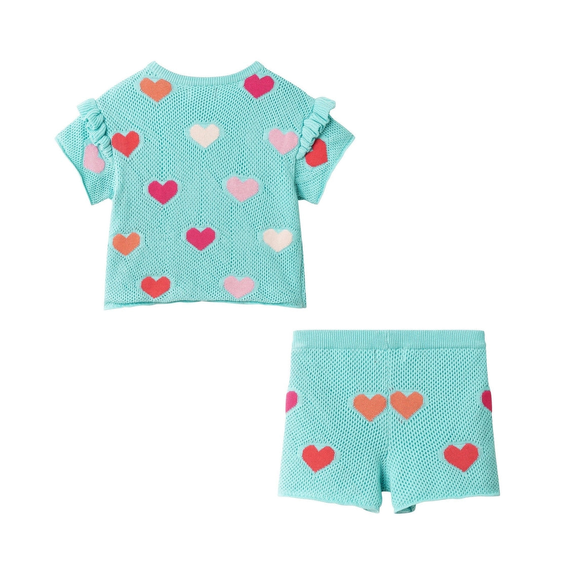 Children's outfit with a turquoise top and shorts featuring heart patterns on a white background