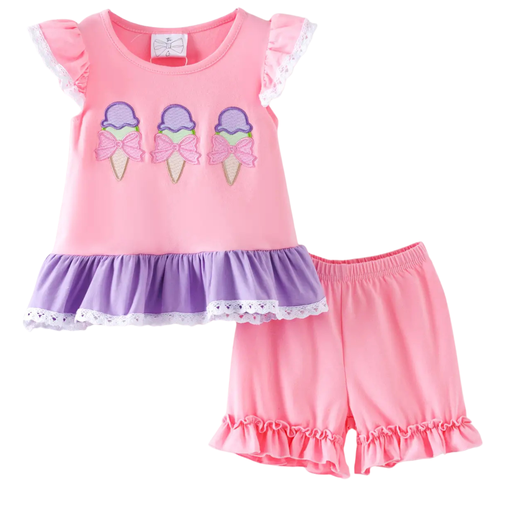 Pink and purple children's outfit with ice cream cone design on a white background
