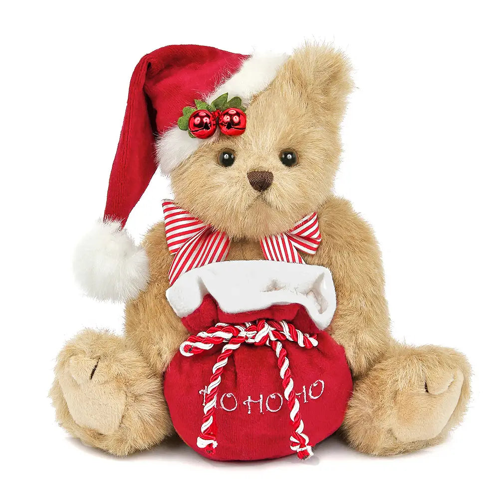 Teddy bear wearing a Santa hat and holding a red sack with 'Ho Ho Ho' on a white background