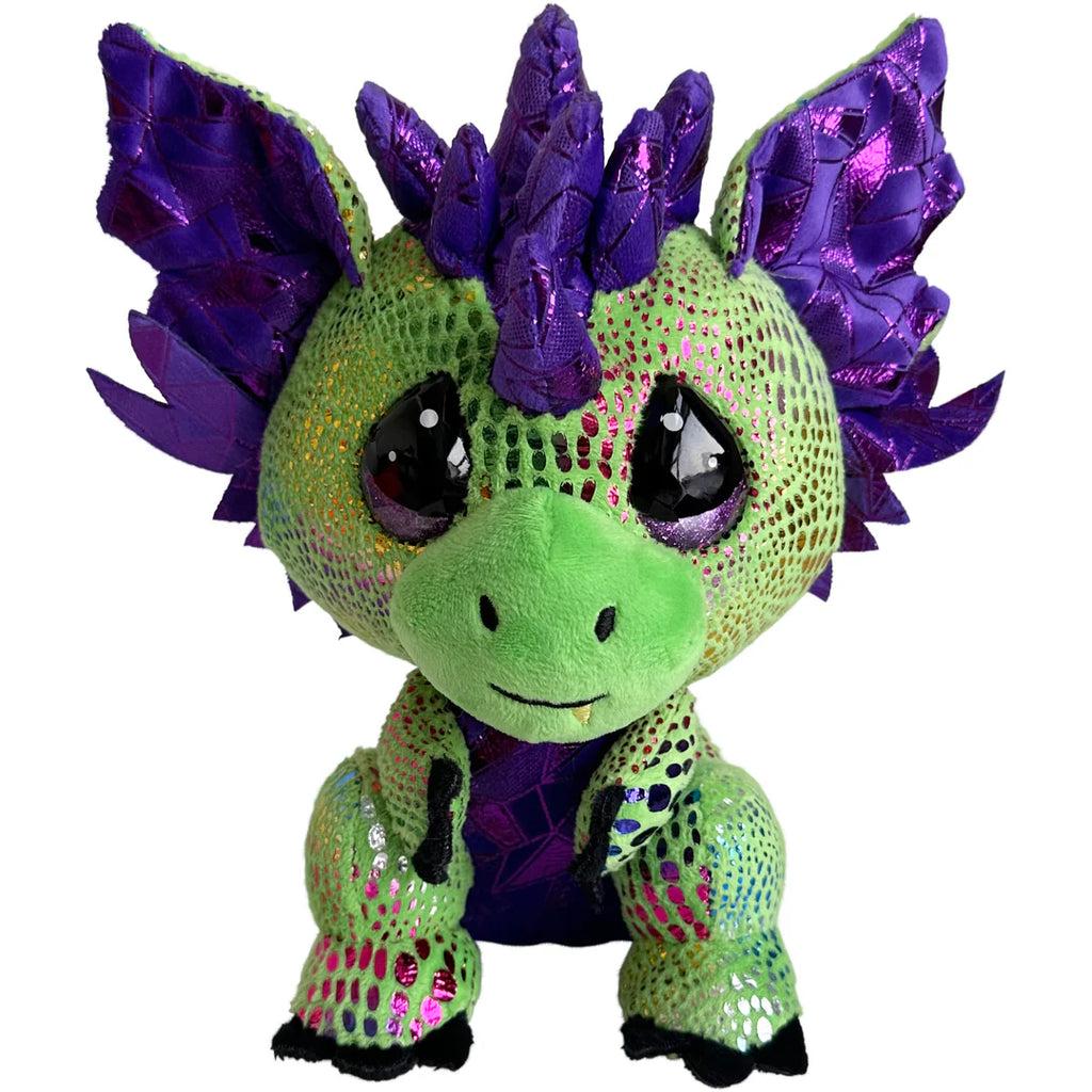 Green plush dragon toy with purple spikes on a white background