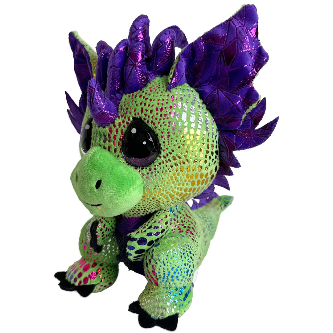 Green plush dragon toy with purple spikes on a white background