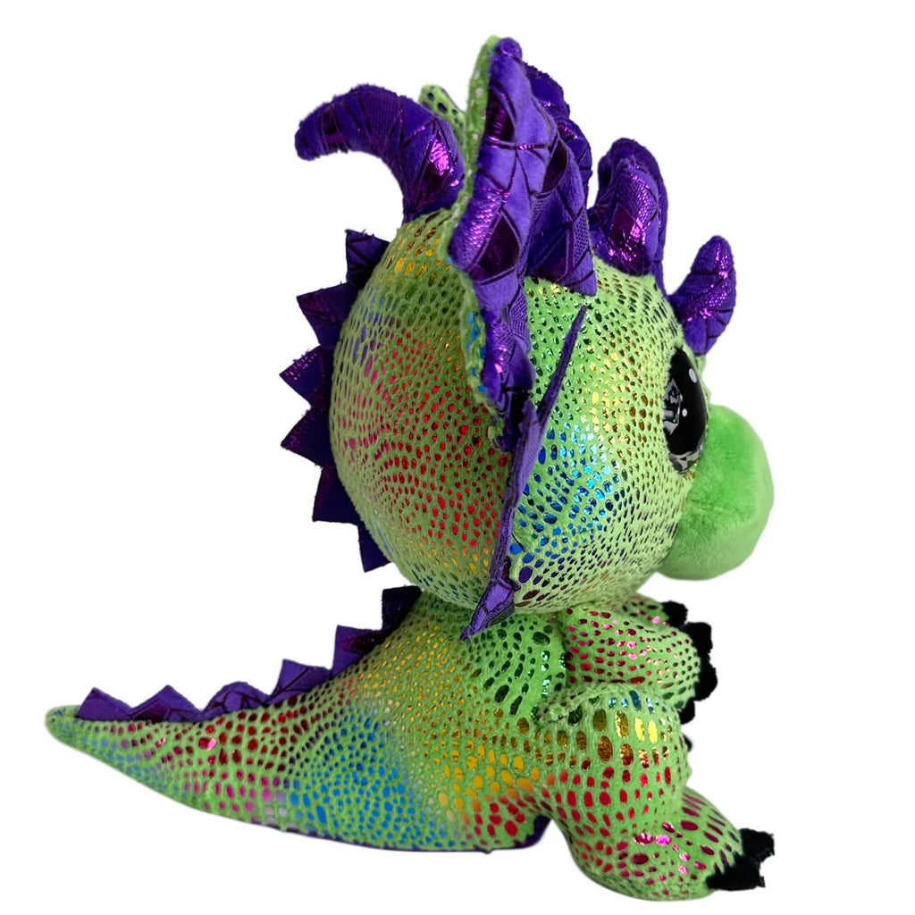Colorful dragon plush toy with purple spikes on a white background