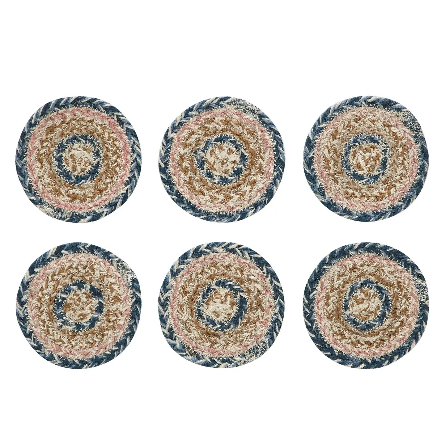 Set of six round woven coasters with a spiral pattern on a white background