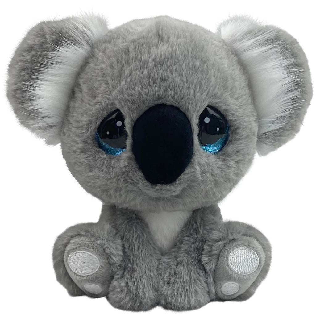 Plush toy koala with large eyes on a white background