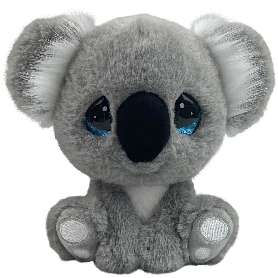 Plush toy koala with large eyes on a white background