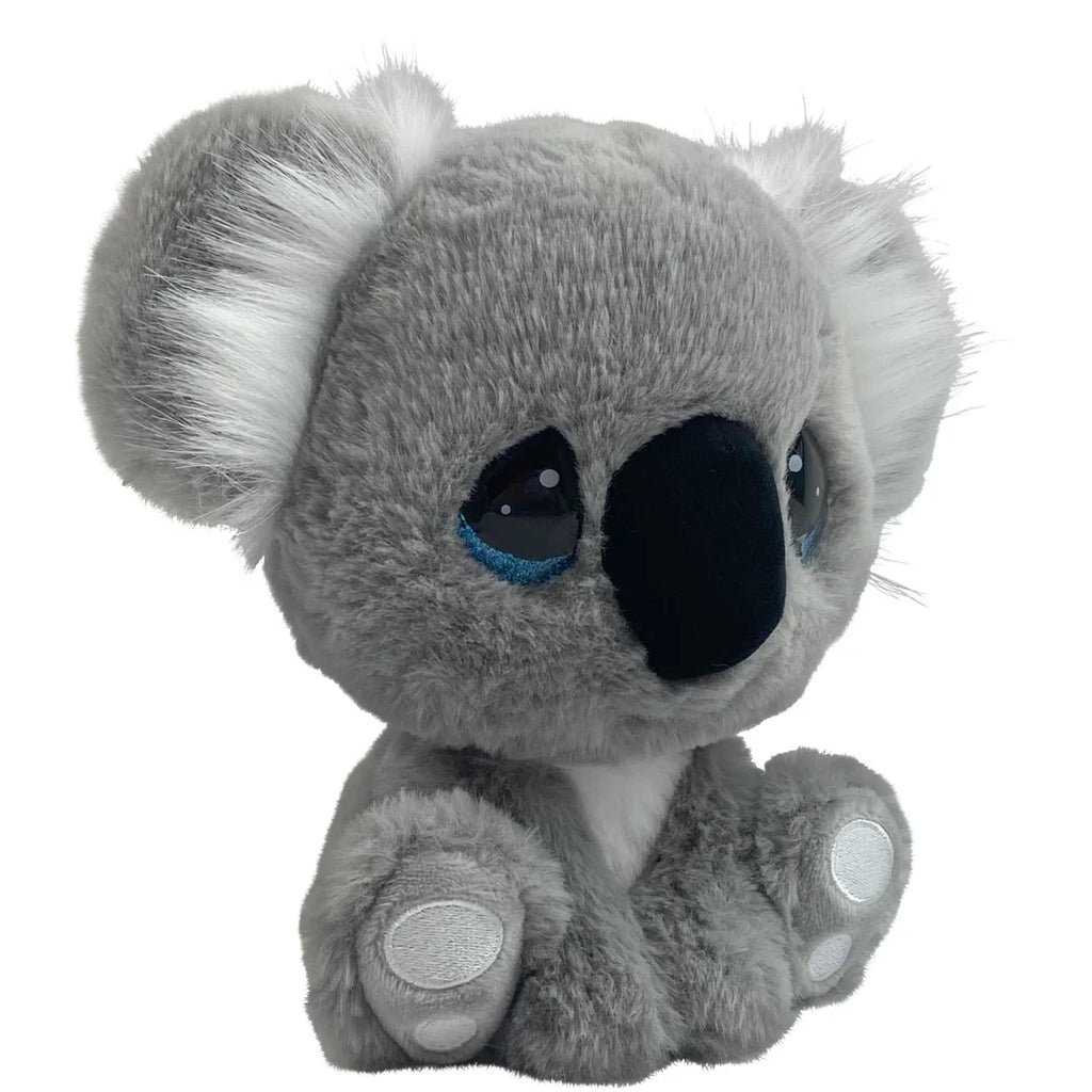 Plush toy koala with gray fur and black eyes on a white background