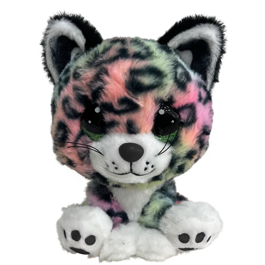 Plush toy with multicolored leopard pattern on a white background