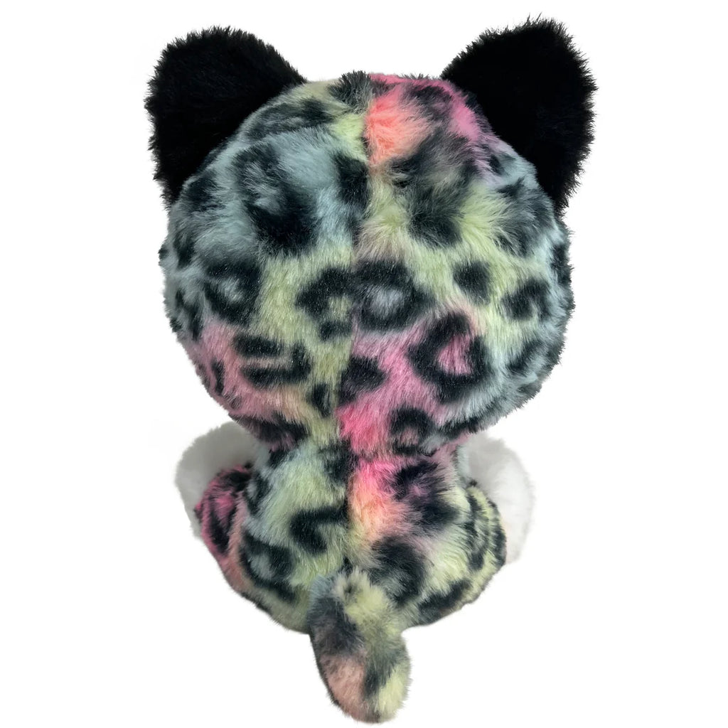 Plush toy with multicolored leopard print on a white background